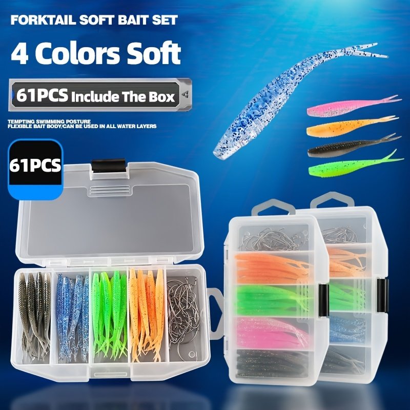 带盒61件叉尾软饵路亚饵假饵曲柄钩剪尾鱼鱼饵套装,户外/登山/野营/旅行用品,路亚饵,淘宝优惠券,粉丝福利购,淘宝优惠卷