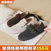女冬季 大码 2025新款 厚底加绒勃肯鞋 灰色毛毛鞋 呢子棉鞋 女鞋 41到43