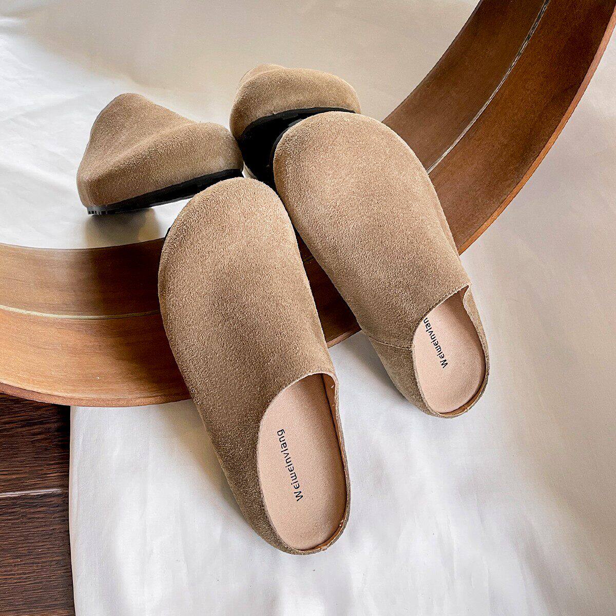 真牛皮包头勃肯鞋女外穿厚底懒人一脚蹬博肯半拖鞋大码女鞋41到43