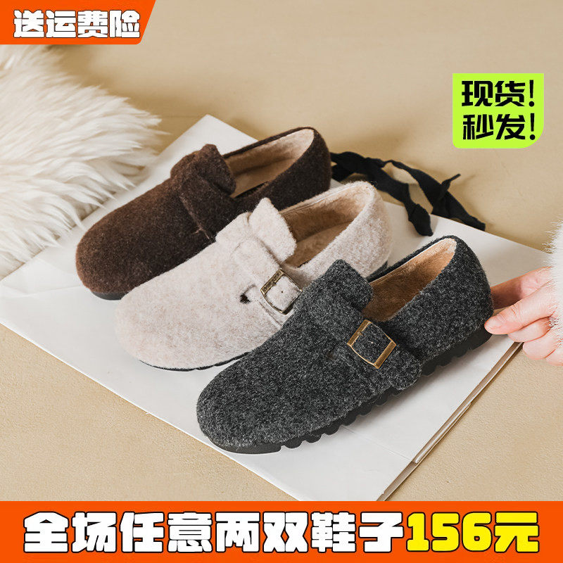 厚底加绒勃肯鞋女冬季2025新款灰色毛毛鞋呢子棉鞋大码女鞋41到43