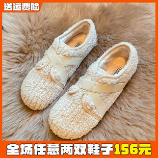 女鞋 网红毛毛鞋 大码 女冬外穿平底羊羔毛豆豆鞋 41到43 加绒弹力棉鞋