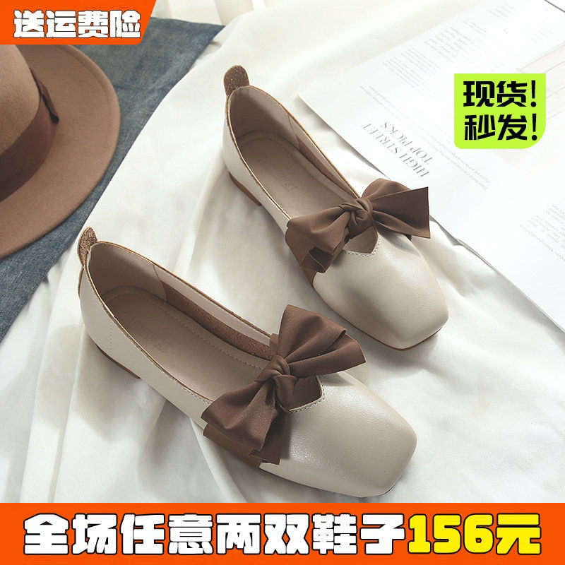 复古玛丽珍奶奶鞋女春款平底蝴蝶结单鞋仙女豆豆鞋大码女鞋41到43