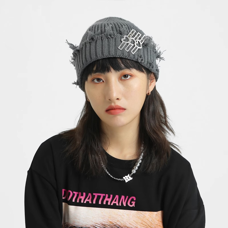 保暖灰色破洞街头风潮牌毛线帽子