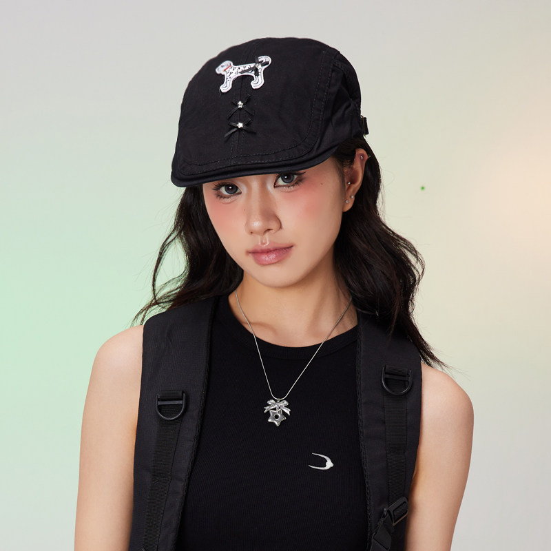 复古前进帽子日系可爱蝴蝶结狗狗鸭舌贝雷帽夏季薄款女款2025新款