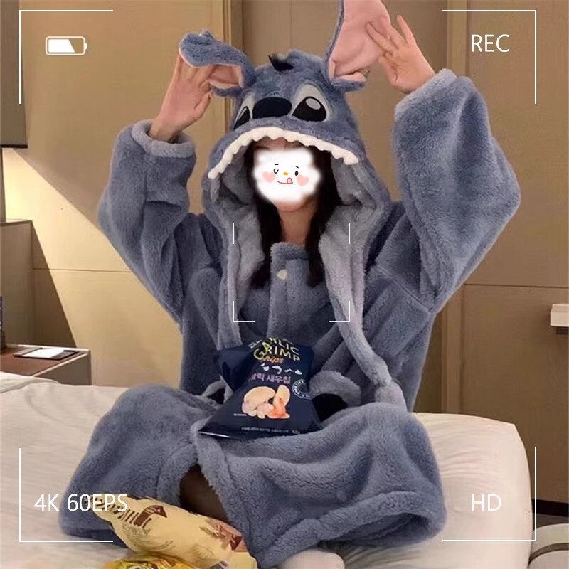 特价！！史迪仔情侣睡衣女款秋冬季珊瑚绒加厚加绒男士睡袍家居服