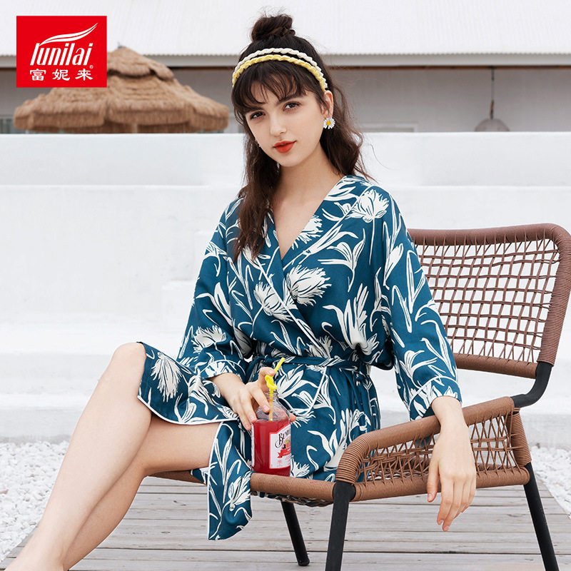 富妮来女士性感睡衣薄款系绳睡袍宽松大码精致v领长袖休闲家居服
