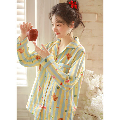 睡衣女日系甜美春秋季翻领纯棉纱布女士长袖长裤家居服套装