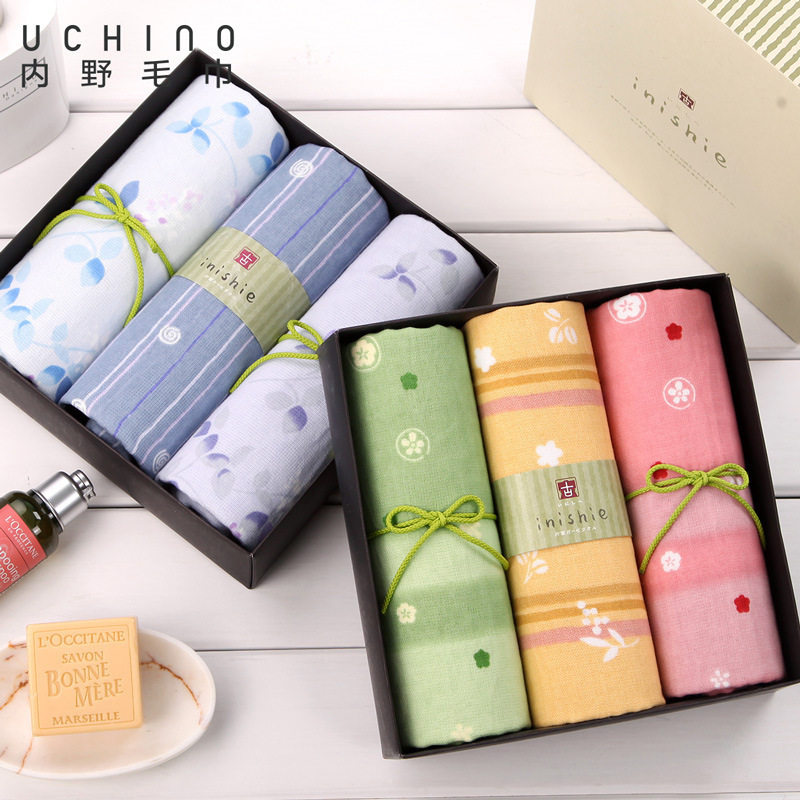 内野和风系列面巾3条装礼盒 教师礼物纱布毛巾礼盒结婚礼物