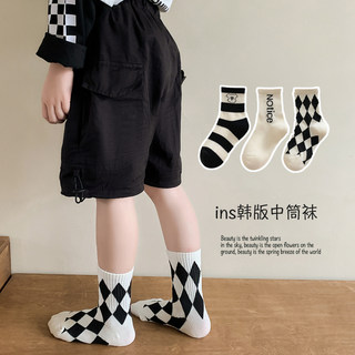 【3双装】儿童中筒袜子ins潮男女童菱形字母黑白条纹袜搭配老爹鞋