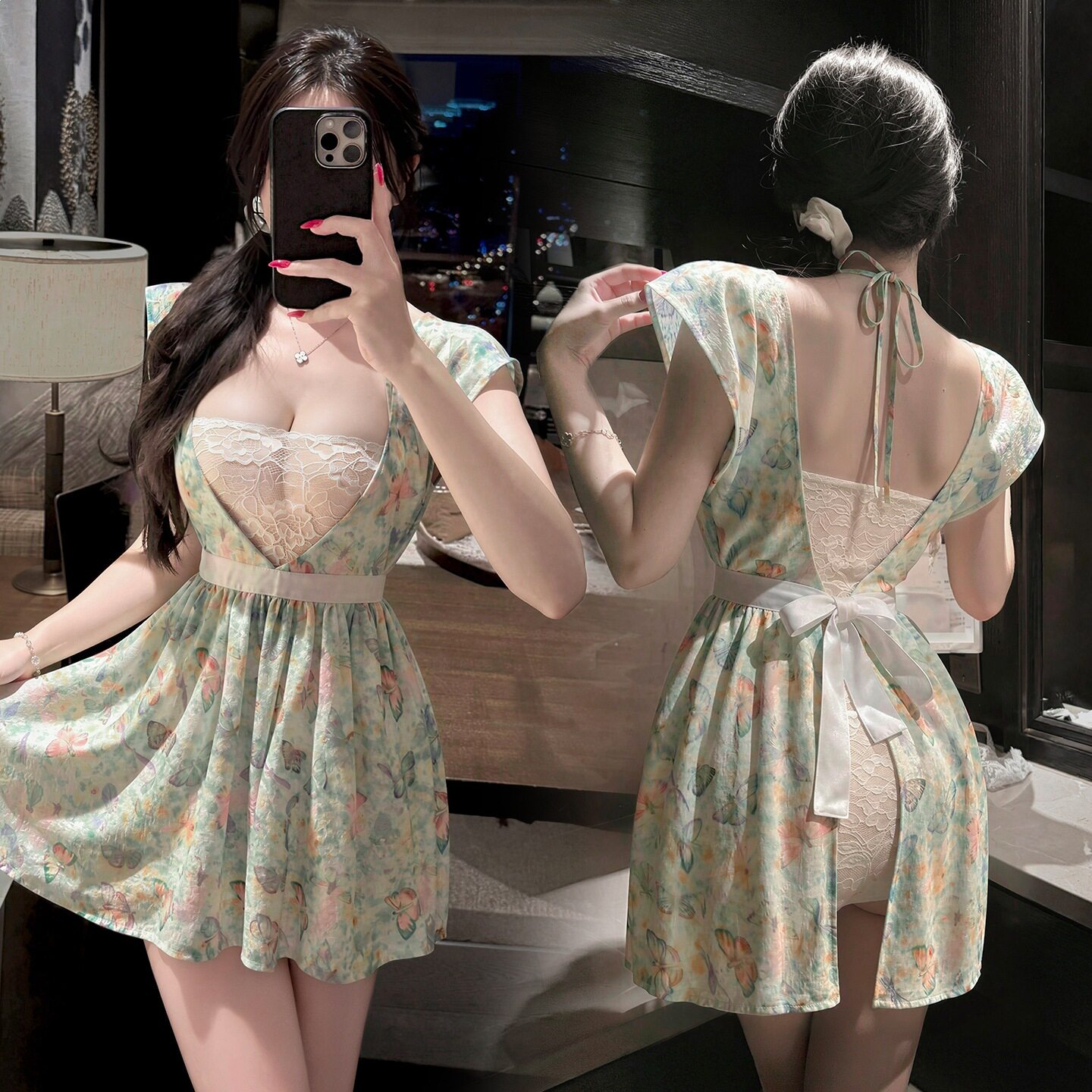 蕾丝系带甜美碎花抹胸内搭连衣裙