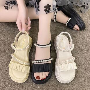 凉鞋女款2026年夏季新款时尚厚底仙女风罗马鞋子珍珠外穿软底凉鞋