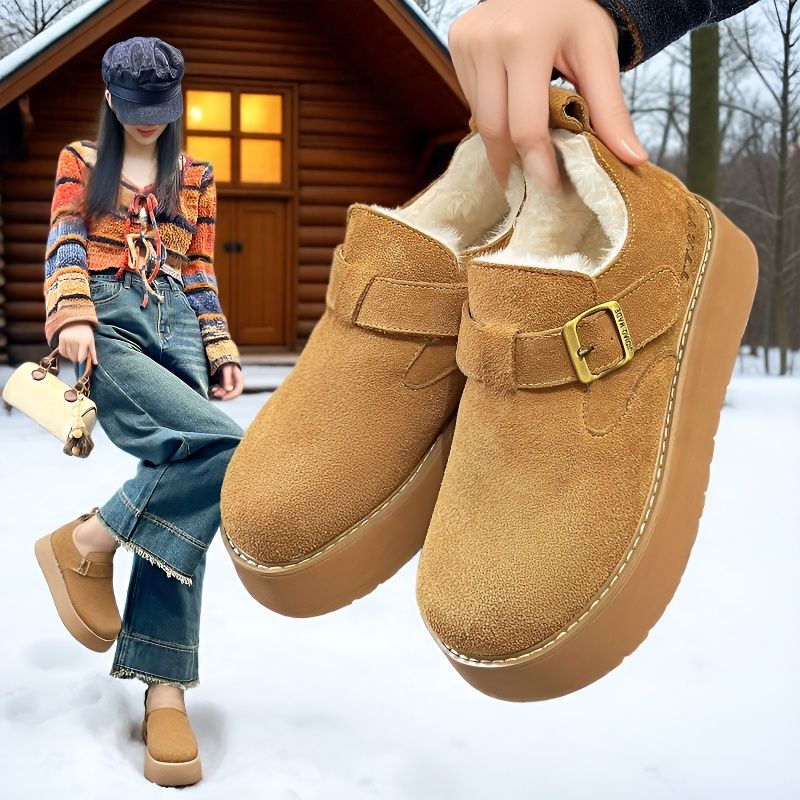 厚底雪地靴女2025新款冬季加绒勃肯鞋一脚蹬乐福鞋保暖皮带扣棉鞋