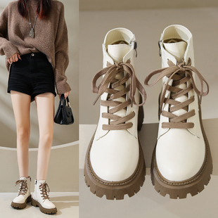 真软皮厚底马丁靴女2023秋冬新款 英伦风增高单靴黑色炸街加棉短靴