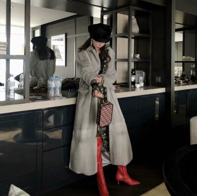 韩国网红同款红色过膝真皮尖头靴