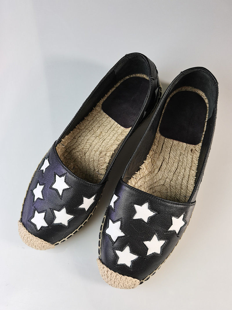 2021夏季东大门模特姐姐同款黑白拼色五角星麻绳底手工缝制渔夫鞋