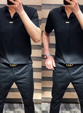 2025夏新款男士时尚欧货轻奢半袖男款黑色T恤翻领POLO衫透气短袖