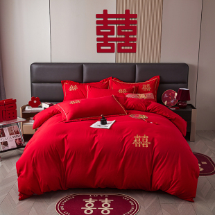 大红色结婚四件套便宜婚庆床上用品酒店新婚床单被罩被套新款 轻奢