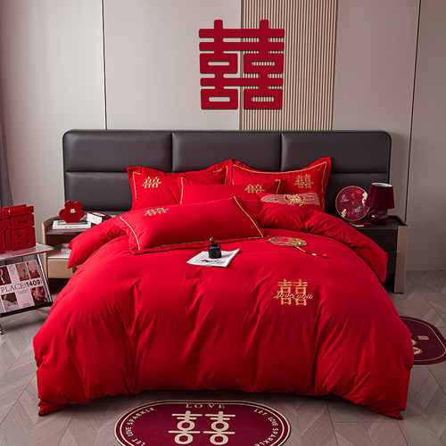 大红色结婚轻奢刺绣婚庆四件套