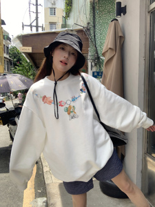 Pufouy串珠项链印花圆领休闲加绒百搭宽松基础卫衣女小众秋冬上衣