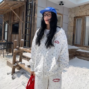 拉链外套装 Pufouy秋冬季 美式 复古刺绣logo波点连帽衫 宽松潮 长裤