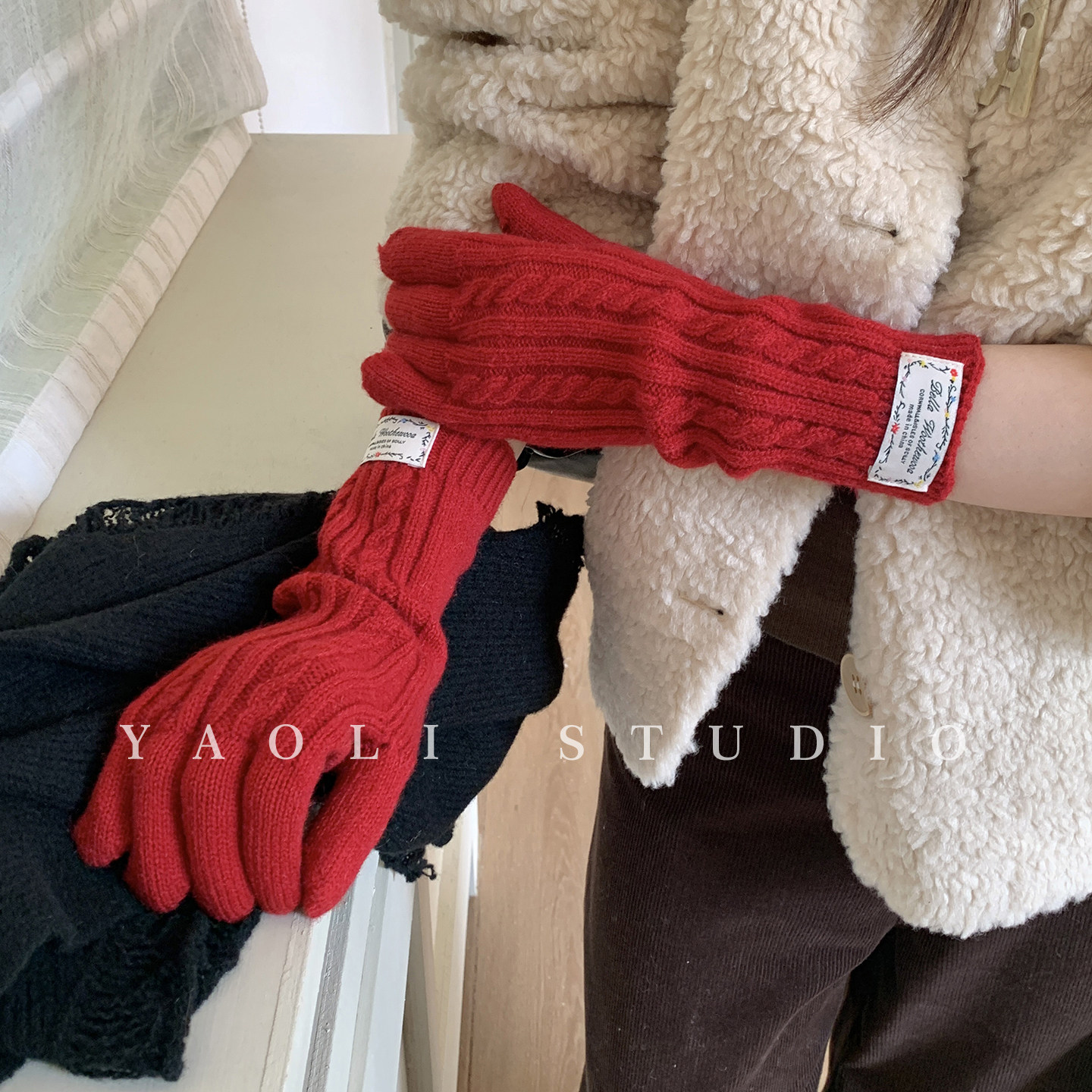 YAOLI麻花～韩系复古贴标针织加长手套女秋冬保暖露指可触屏防寒
