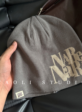 YAOLI美式字母提花～复古NaBe针织套头帽子女秋冬保暖毛线冷帽男