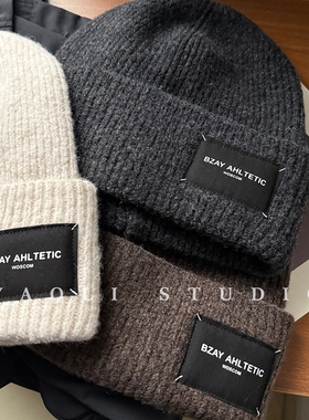 YAOLI美式复古BZAY贴布针织套头帽子女秋冬保暖大头围显脸小冷帽