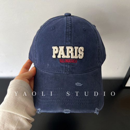 YAOLI美式复古PARIS刺绣破边棒球帽子女户外遮阳显脸小鸭舌帽男潮