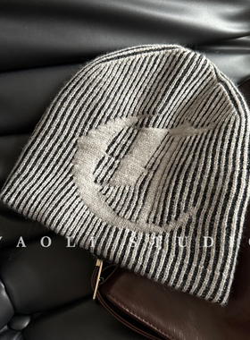 YAOLI字母提花D～美式复古条纹针织套头帽子女秋冬保暖毛线冷帽男