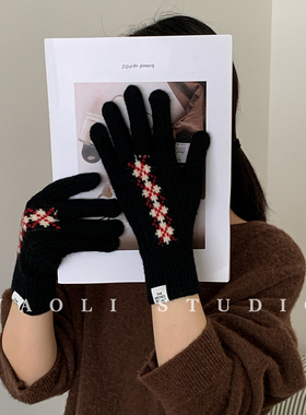 YAOLI费尔岛风～韩系黑色软糯针织手套女秋冬保暖露指可触屏防寒