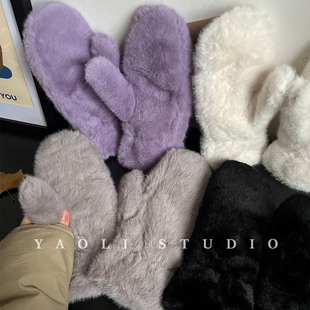 YAOLI毛绒绒~秋冬加厚加绒保暖户外骑行东北防寒连指手套女韩系