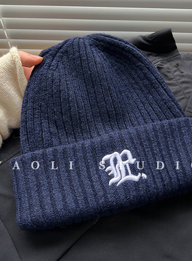 YAOLI美式复古BB刺绣针织套头帽子女秋冬保暖大头围显脸小冷帽男