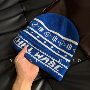 YAOLI美式 复古chill字母提花针织套头帽子女秋冬保暖大头围冷帽男