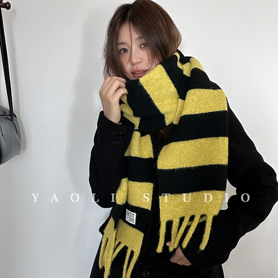 YAOLI双色横条纹～韩系软糯针织流苏围巾女秋冬保暖防寒护颈围脖
