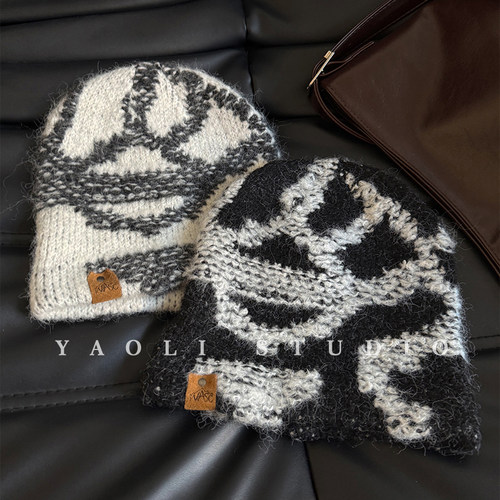 YAOLI涂鸦混色～美式复古针织套头帽子女韩系秋冬保暖毛线帽男潮