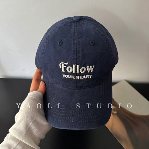 YAOLI藏青色～美式复古Follow刺绣棒球帽子女遮阳大头围鸭舌帽男