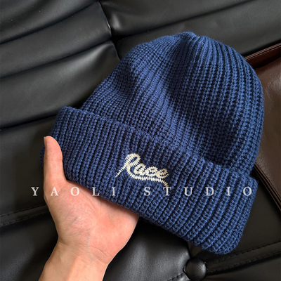 YAOLI美式复古纯色Raee刺绣针织套头帽子女秋冬保暖包头冷帽男潮
