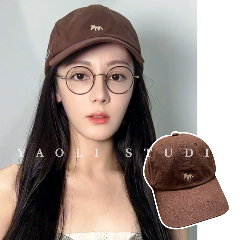 YAOLI热巴同款小狐狸刺绣棒球帽子女户外遮阳大头围显脸小鸭舌帽