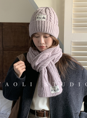 YAOLI麻花贴标两件套～韩系护颈围巾套装女秋冬加厚保暖毛线帽子