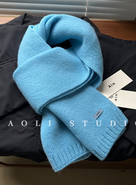 YAOLI冰岛蓝～100羊毛纯色皮标AIM针织围巾女秋冬保暖护颈围脖韩