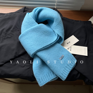 YAOLI冰岛蓝～100羊毛纯色皮标AIM针织围巾女秋冬保暖护颈围脖韩