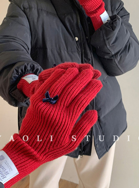 YAOLI红色蝴蝶结装饰～韩系博主款秋冬保暖露指可触屏针织手套女