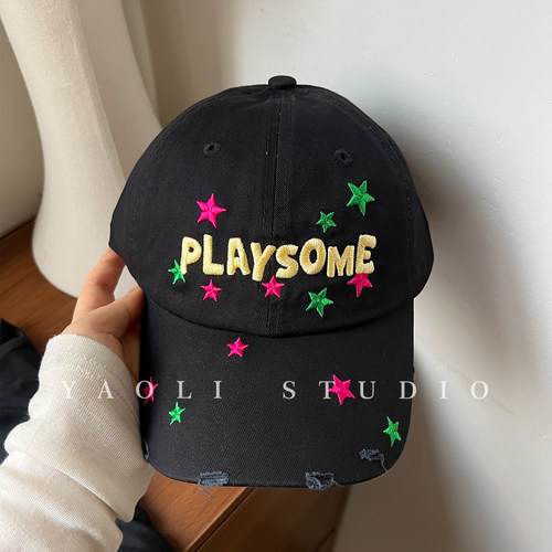 YAOLI美式复古星星PLAY刺绣棒球帽子女遮阳防晒显脸小鸭舌帽男潮