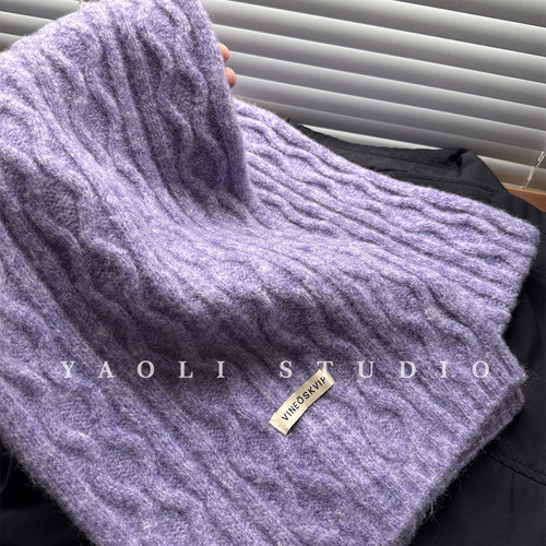 YAOLI桔梗紫～韩系软糯波浪麻花针织围巾女秋冬保暖防寒护颈围脖
