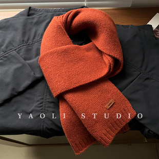 YAOLI100羊毛～韩系纯色皮标AIM针织围巾女秋冬保暖软糯护颈围脖