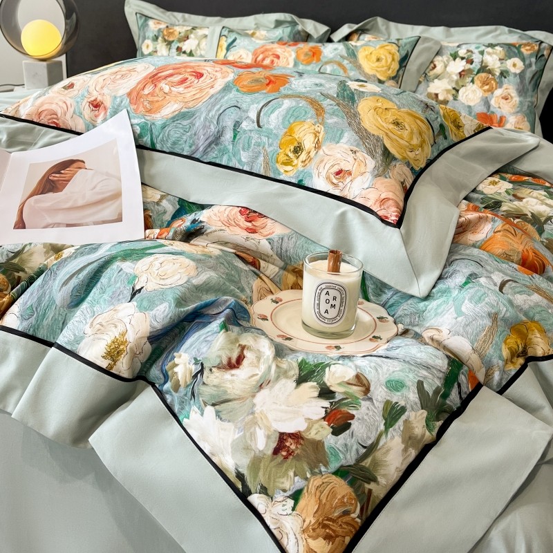 高端美式A类活性磨毛全棉四件套加厚印花被套秋冬床笠款床上用品