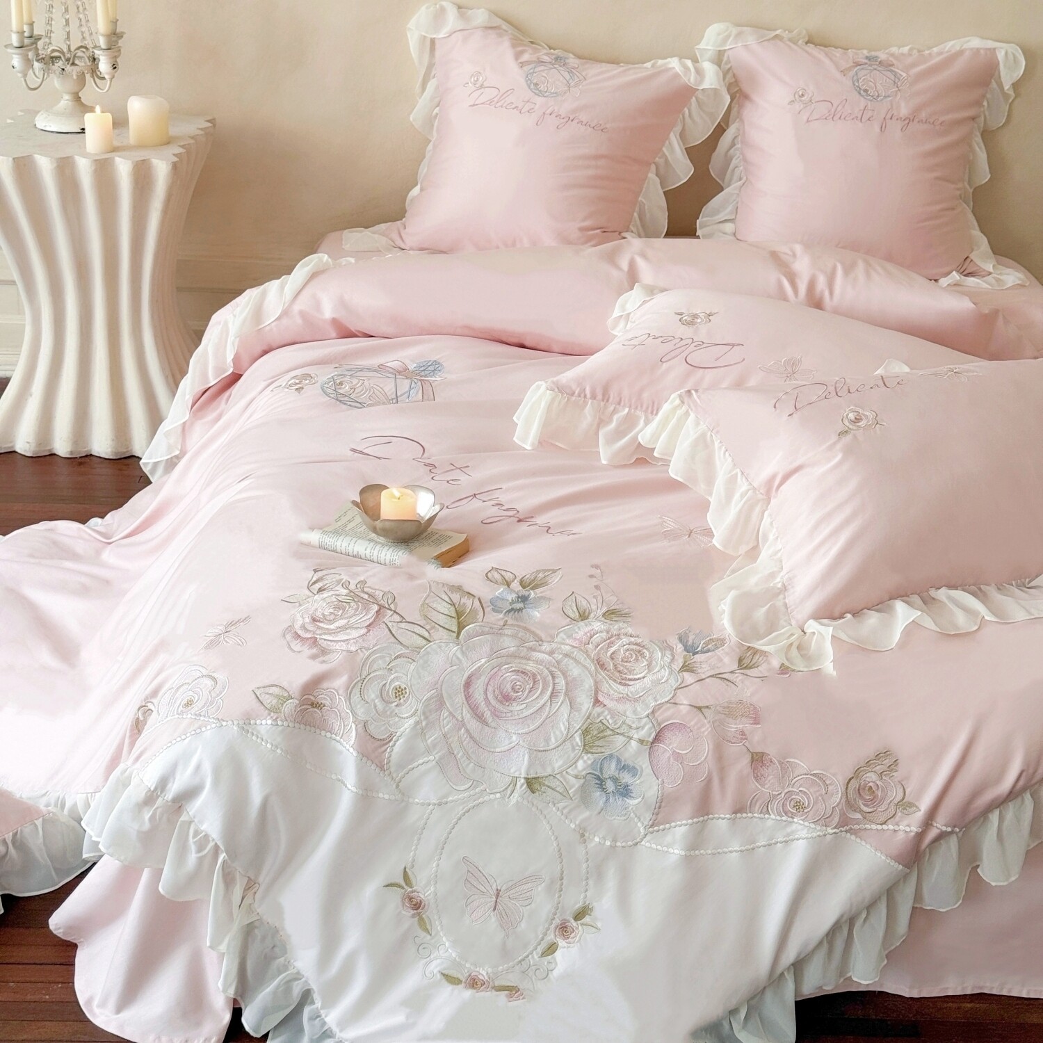 公主风A类母婴级长绒棉四件套花卉刺绣被套蕾丝全棉床笠床上用品4