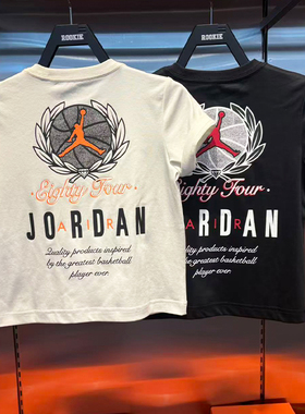 JORDAN乔丹纯棉短袖26夏男女儿童宽松圆领飞人印花T恤JD2622155
