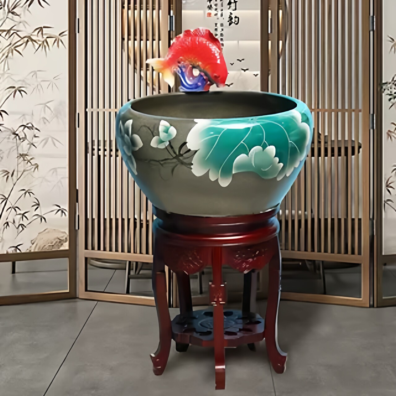 新款陶瓷鱼缸循环喷水加湿金鱼缸办公室落地景德镇简约风客厅造景