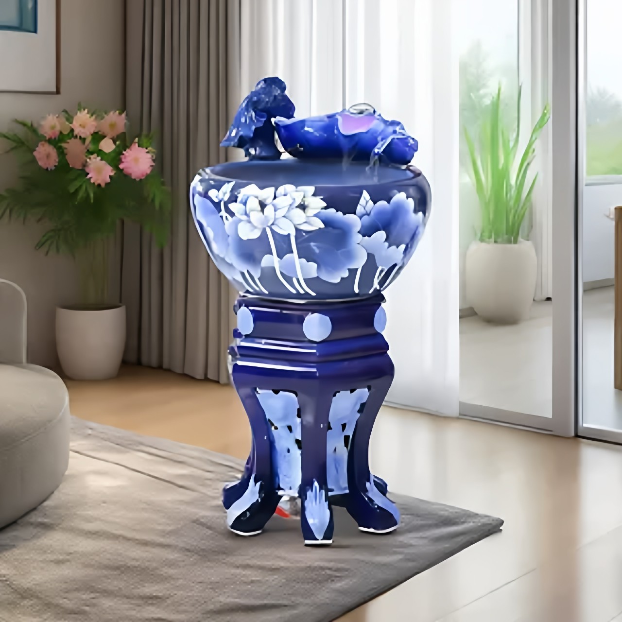 2024新款景德镇陶瓷金鱼缸客厅循环过滤生态流水落地缸家用办公室,宠物/宠物食品及用品,桌面缸,淘宝优惠券,粉丝福利购,淘宝优惠卷